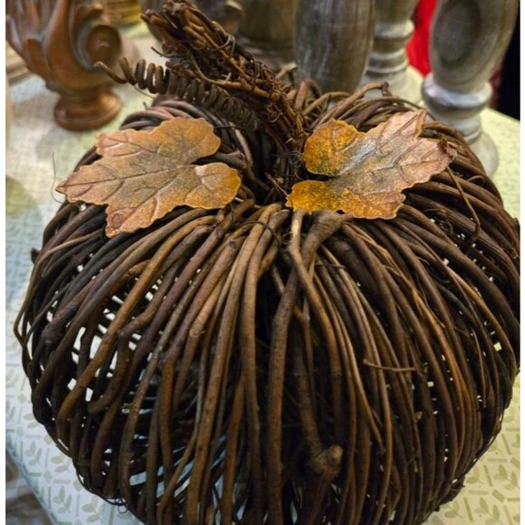 Large Rustic Stick Pumpkin With Metal Leaves - Picture 1 of 3